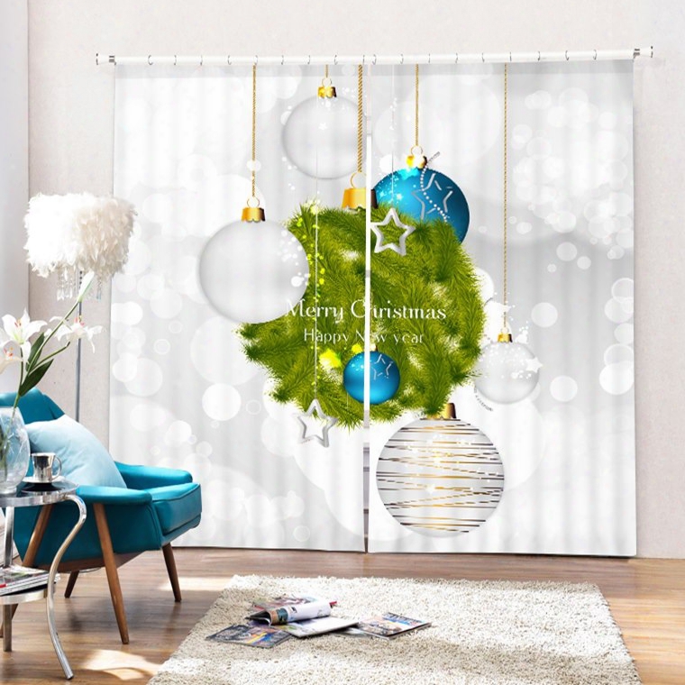 White And Blue Christmas Lighting Decor Printing 3d Curtain