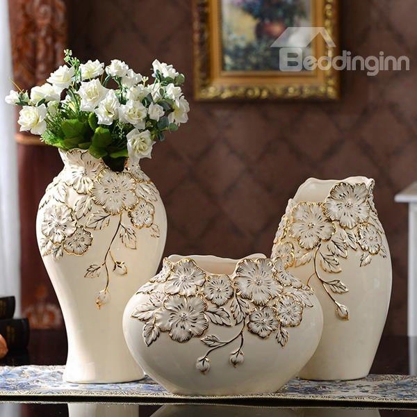 White Ceramic Flower Pattern 3 Pieces Flower Vase Painted Pottery