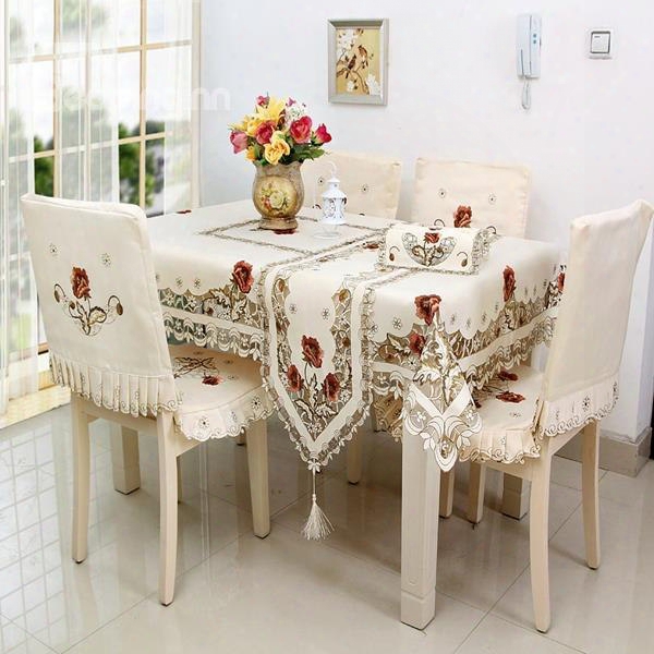 White Elegant Polyester Embroidery Flower Dining Room Decorative 1 Piece Tablecloth