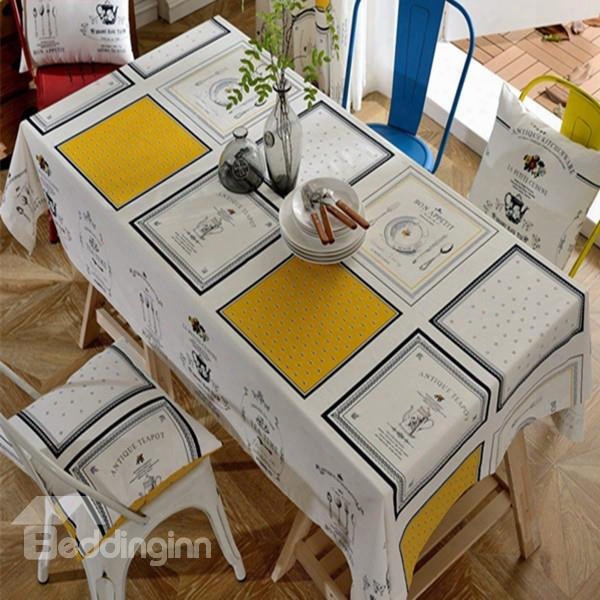 White Fabric Rectangle Check Pattern Washable Tablecloth