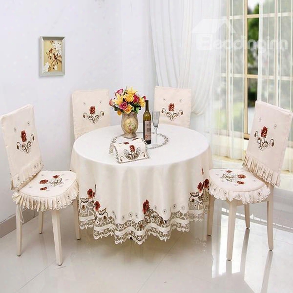 White Round Shape Polyester Embroidery Red Flowers Pattern Dining Tablecloth