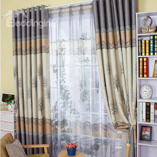 Wonderful Tree Printingshading Cloth & Sheer Curtain Sets