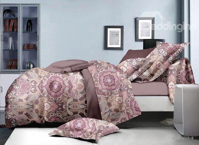 Worldly Pattern Pink Polyester 4-piecr Duvet Cover Sets