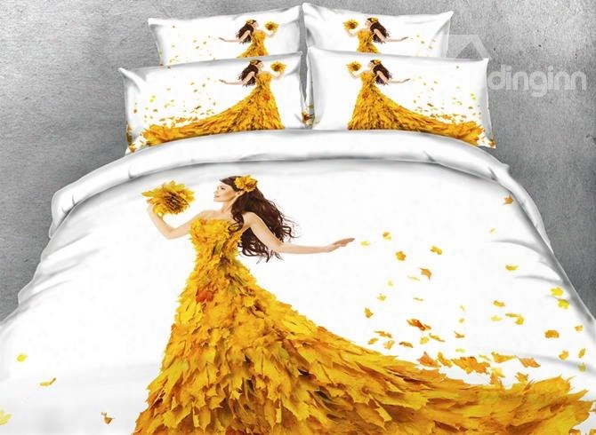 3d Autumn Girl In Dress Of Maple Leaves Printed 4-piece White Bedding Sets