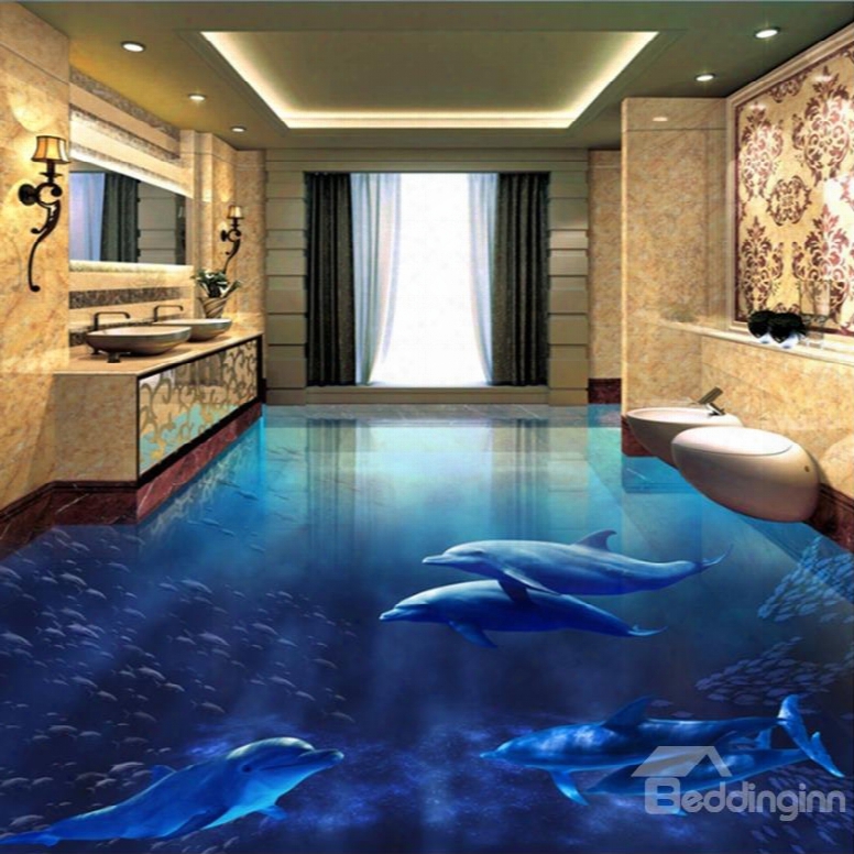 3d Blue Sea And Dolphins Printed Waterproof Sturdy Non-slip Eco-friendly Floor Murals