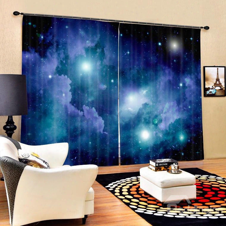 3d Brilliant Night Sky Galaxy Printed 2 Panels Living Room Polyester Curtain