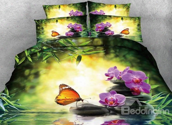 3d Butterfly And Orchid Printed 5-piece Comforter Sets