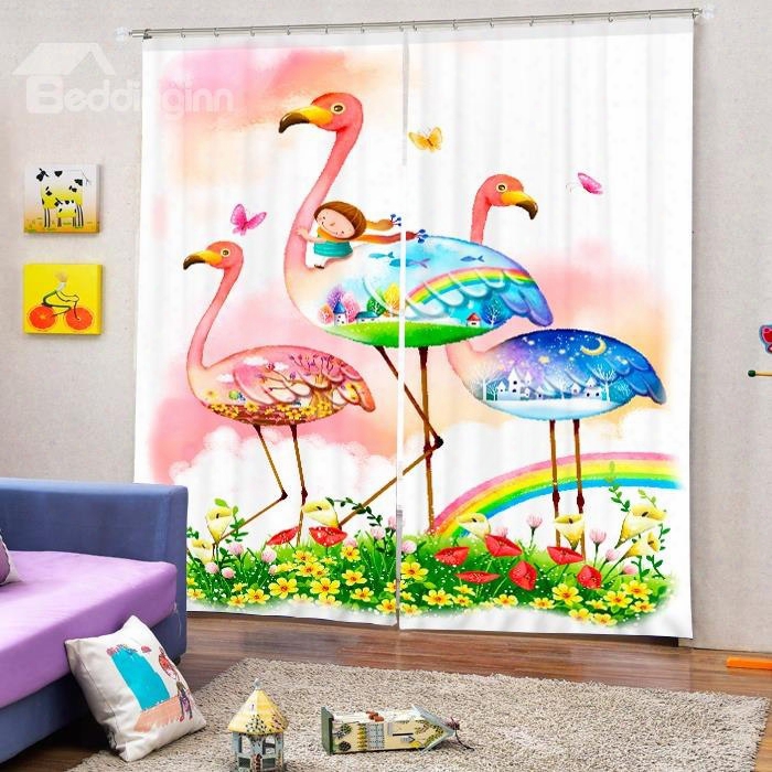 3d Cartoon Girl And Lovely Flamingos Printed Cartoon Style Baby Bedroom Curtain