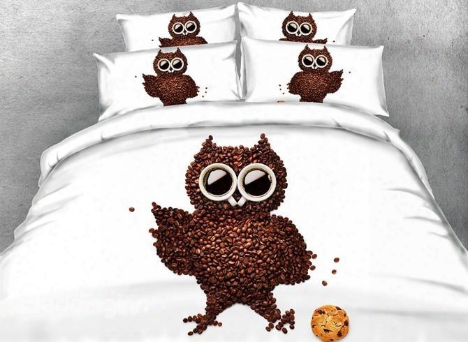 3d Coffee Bean Owl Printed Cotton 4-piece White Bedding Sets/duvet Covers