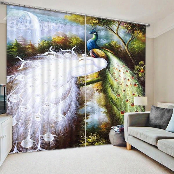 3d Couple White And Colorful Peacocks Printed 2 Panels Decorative And Blackout Curtain