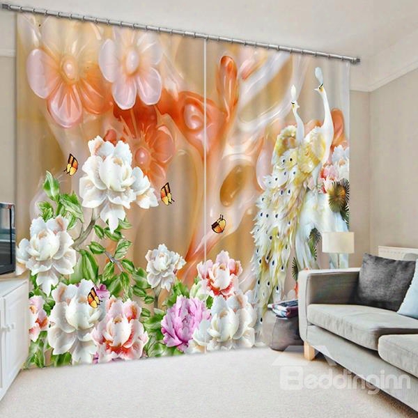 3d Elegant Peacocks And Butterflies With Carved White Flowers Printed Blackout And Decorative Curtain