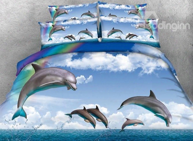 3d Leaping Dolphin And Rainbow Printed 5-piece Comforter Setss