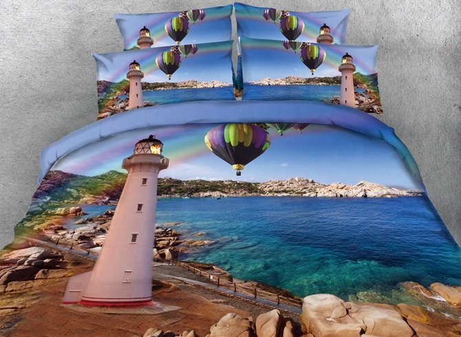 3d Lighthouse And Hot-air Balloons Printed Nautical Cotton 4-piece Bedding Sets/duvet Covers