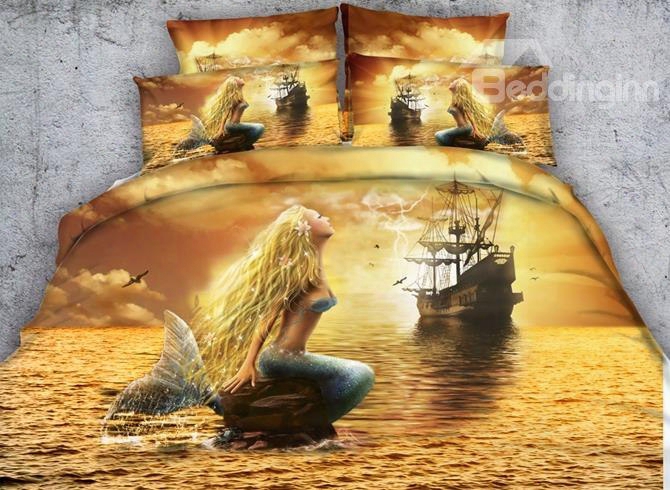 3d Mermaid And Ship Printed Cotton 4-piece Bedding Sets/duvet Covers