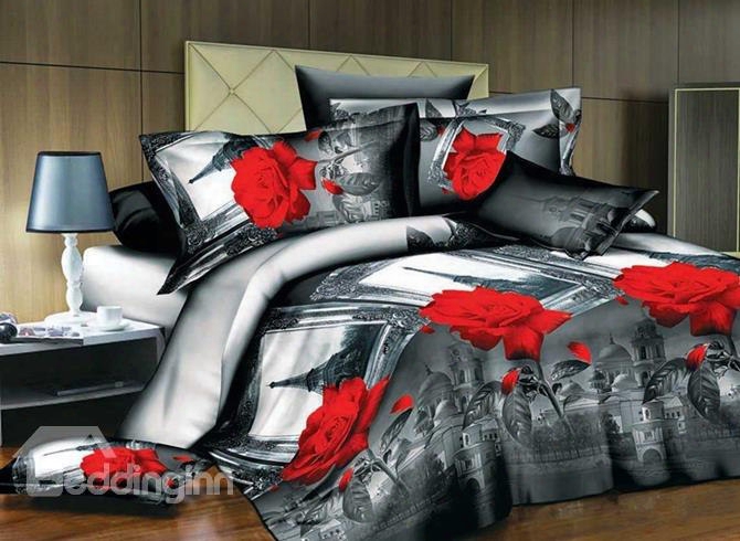 3d Red Rose And Eiffel Tower Print 4-piece Polyester Duvet Cover Sets