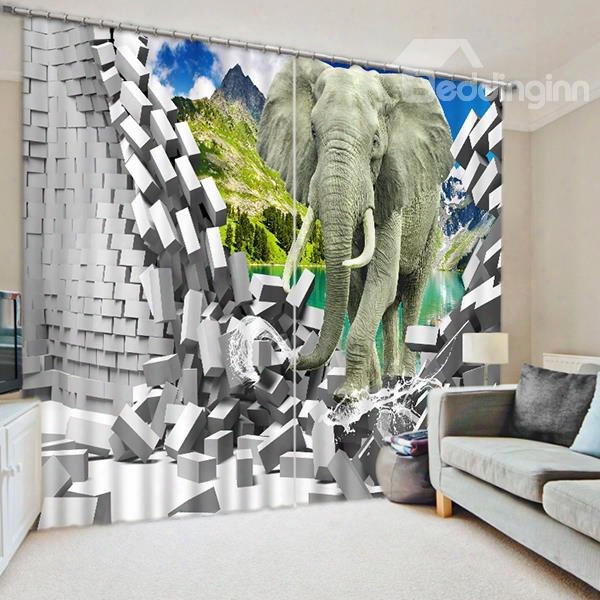 3d Running Elephant Printed Thick Polyester 2 Panels Decorative And Blackout Curtain