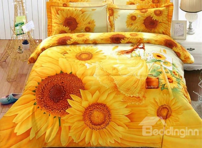 3d  Sunflower And Girl Printed 4-piece Yellow Bedding Sets/duvet Coves