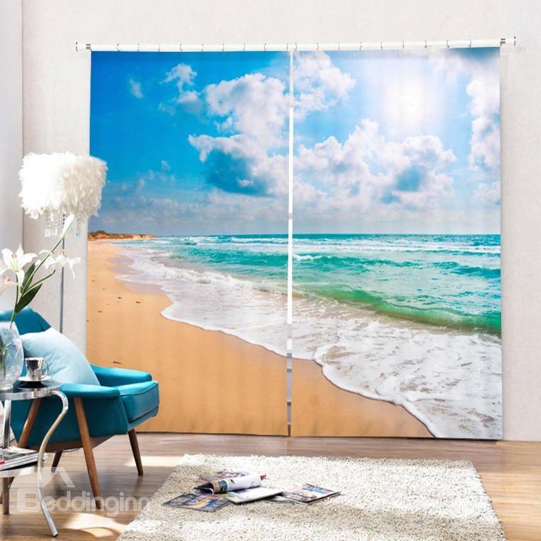 3d Waves And White Clouds Printed Beach Scenery Custom Living Room Curtain