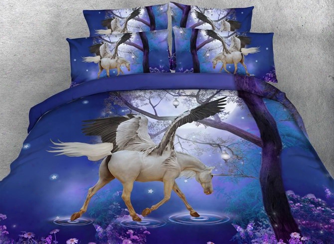 3d White Unicorn With Wings Printed Cotton 4-piece Lbue Bedding Sets/duvet Covers