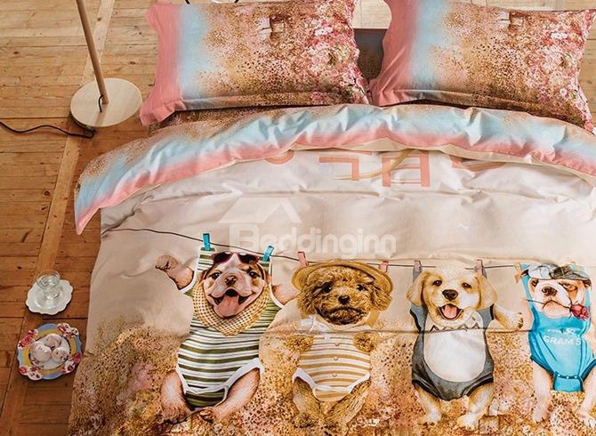 Adorable Puppies Print 4-piece Cotton Duvet Cover Sets