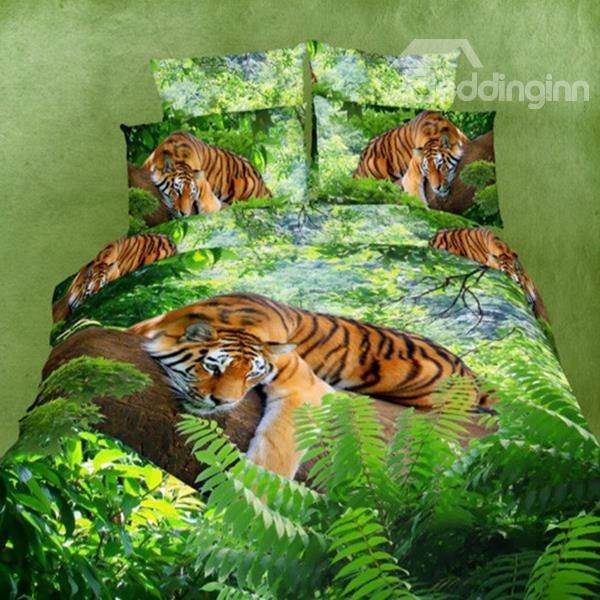 Amazing 3d Tiger Printed Green Cotton Fitted Sheet