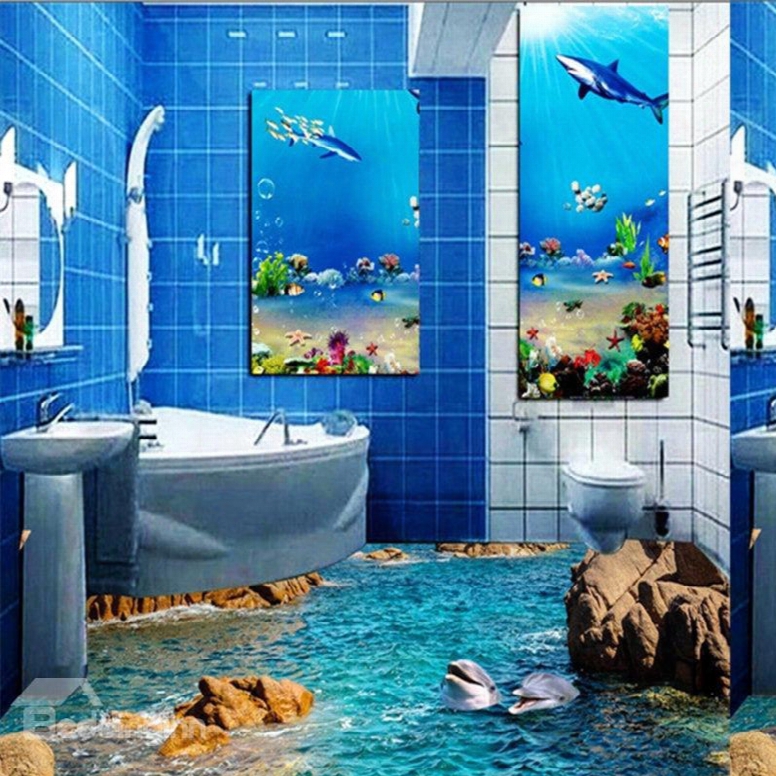 Amazing Decorative Two Cute Dolphins In The Sea Custom Size Waterprooff 3d Floor Murals