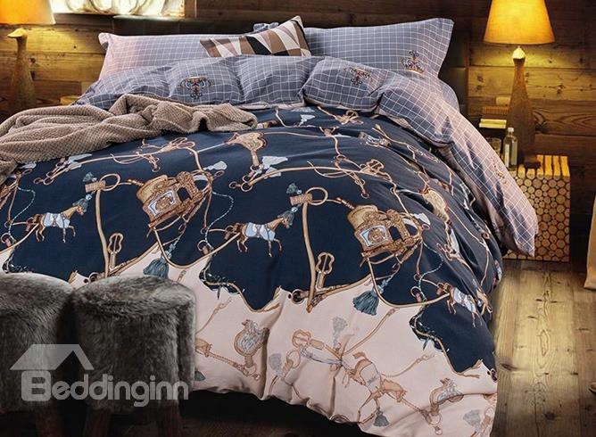 Amazing Horse Print Navy Blue 4-piece Cotton Duvet Cover Sets