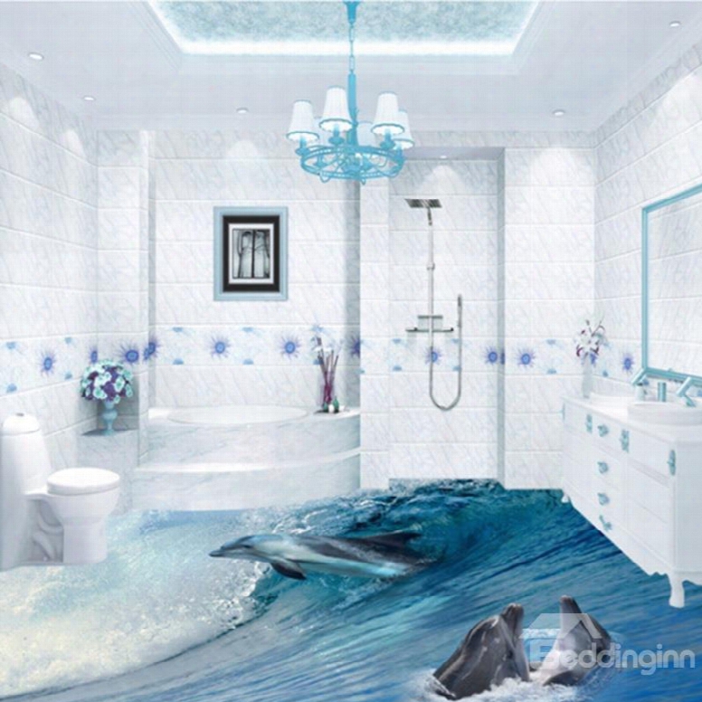 Awesome Dolphins In Sea Wave Pattern Bathroom Decoration Waterproof 3d Floor Murals