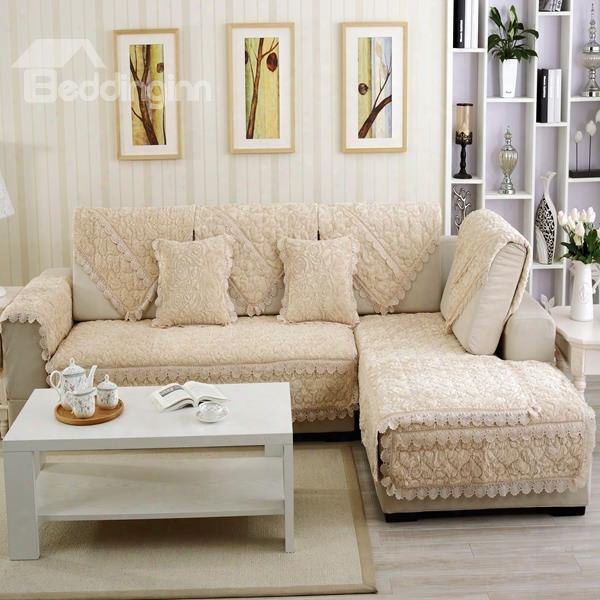 Beige 3d Roses With Laces Polyester Slip Resistant Sofa Covers