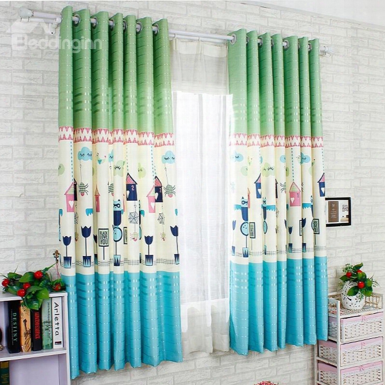 Blue Cartoon World Printing Energy Saving Custom Curtain