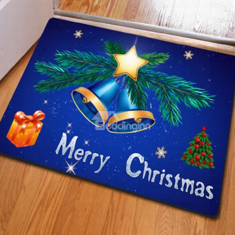 Blue Merry Christmas Jingle Bell Pattern Rectangle Non Slip Doormat