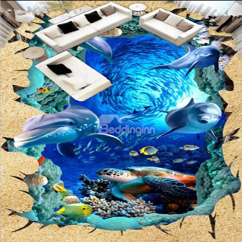Blue Modern Design Dolphins And Turtles In A Broken Hole Waterproof 3d Floor Murals