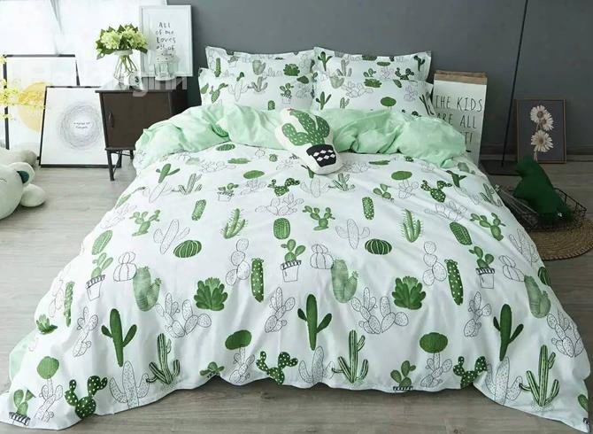 Cactus Printee Cotton Casual Style White Duvet Covers/bedding Sets