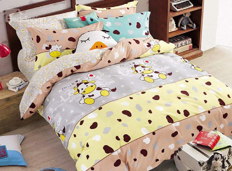 Cartoon Cow Printed Cotton Kids Duvet Cover/bedding Sets