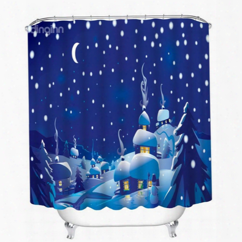 Cartoon Santa House Peaceful Winter Night Of The Village Printing Christmas Theme 3d Shower Curtain