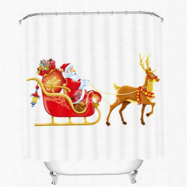 Cartoon Santa Riding Reindeer With Gifts Printing Christmas Theme Bathroom 3d Shower Curtain