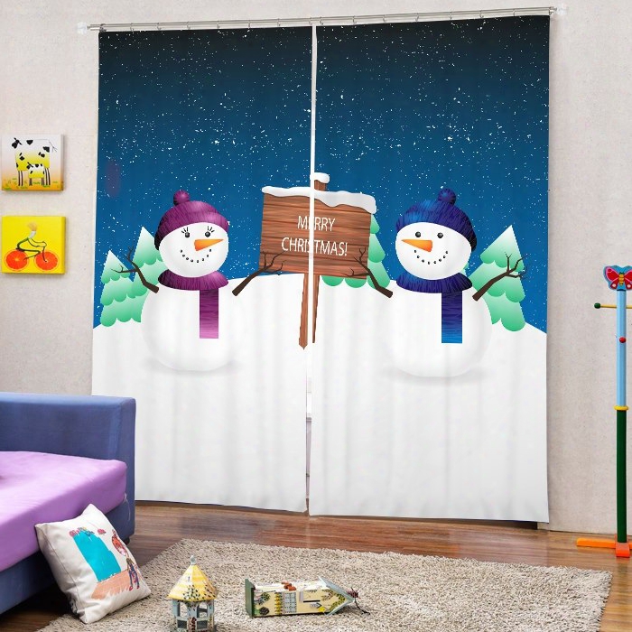 Cartoon Snowman Lover Printing Merry Christmas Theme 3d Curtain