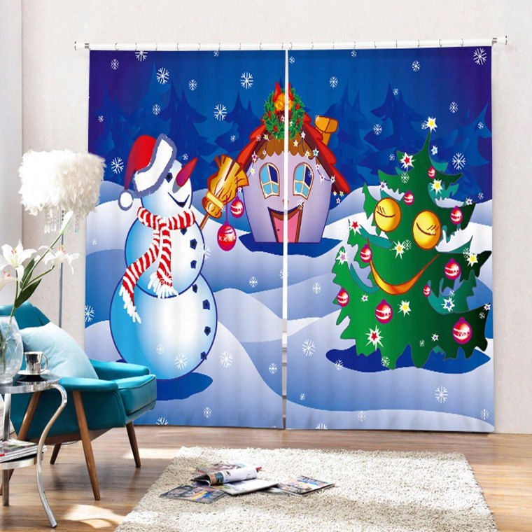 Cartoon Snowman Playing With Christmas Tree And Cabin Printing Christmas Theme 3d Curtain