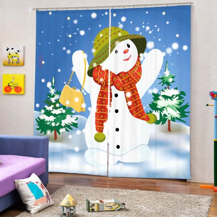 Cheerful Snowman With Red Scarf Printing Christmas Theme 3d Curtain
