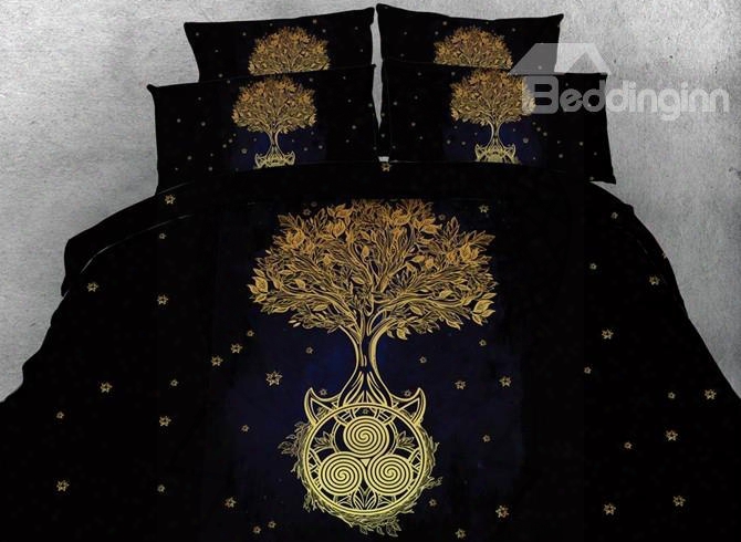 Chic Golden Tree Print 5-piece Comforter Sets