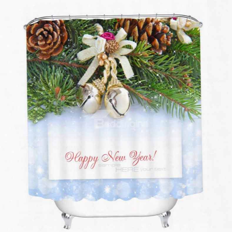 Christmas Bell On The Tree With Pine-cone Printing Christmas Theme 3d Shower Ccurtain