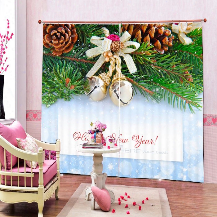 Christmas Bell On The Tree With Pine-cone Printing Christmas Theme 3d Curtain