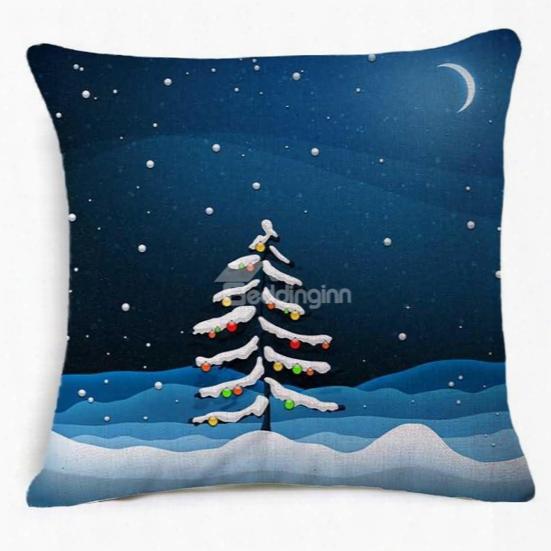 Christmas Tree In Moonlight Print Blue Throw Pillow