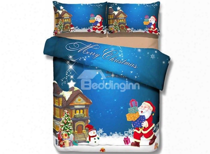 Classic Christmas Santa And Gift Print 4-piece Polyester Duvet Cover Sets