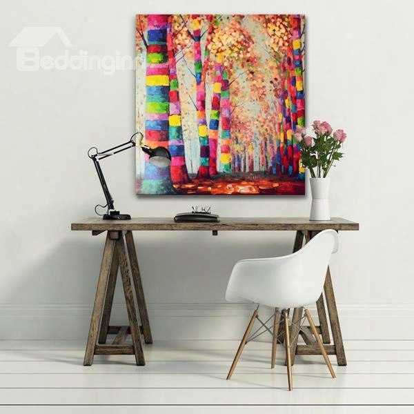 Colorful Autumn Tree On Both Sides Of Road Canvas Stretched Oil Painting