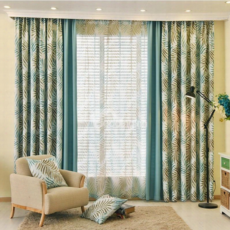 Country Style Blue Leaf And Solid Cloth Splicing Custom Curtain