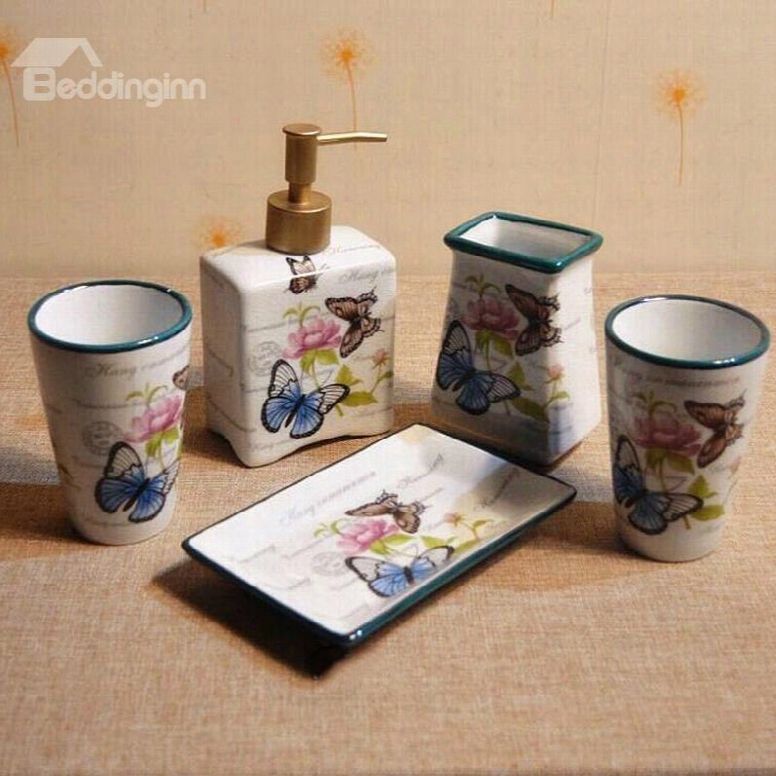 Country Style Colorful Butterfly Printing Ceramics 5-pieces Bathroom Accessories