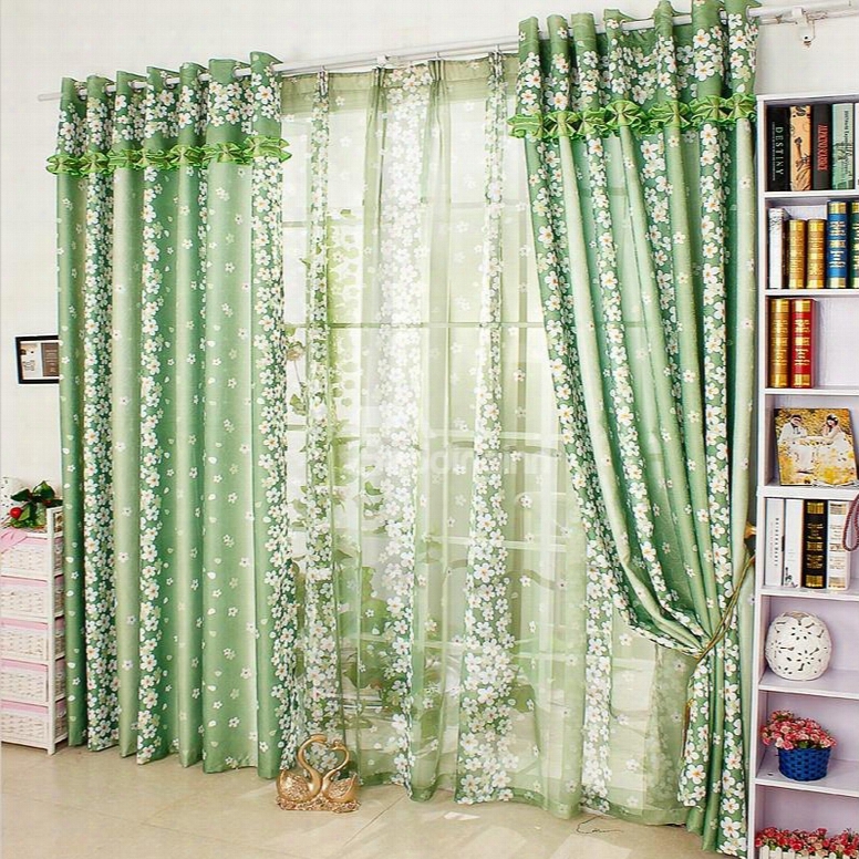 Country Style Green Floral Printing Custom Curtain With Valance