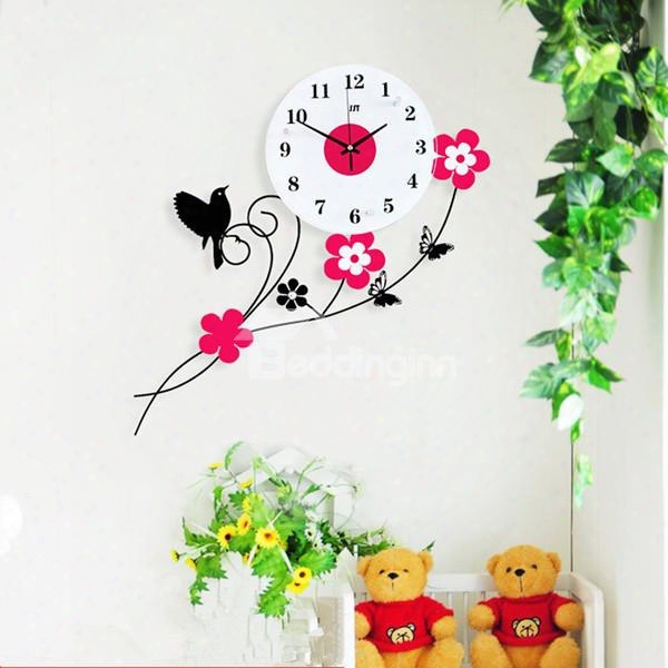 Country Style Iron Bird Standing On Flower Branch Design Mte Wall Clock