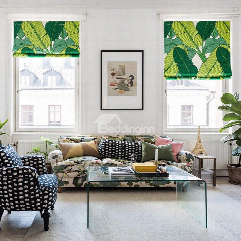 Creative Green Plantain Leaves Printing Flat-shaped Roman Shades